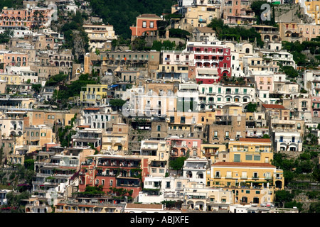 view of Positano perched on the slopes over the Amalfi Coastline Italy Stock Photo