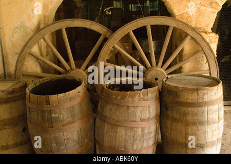 Wagon Wheels and Barrels, Cellar of The Greathouse, Whim Plantation, St Croix, US Virgin Islands Stock Photo