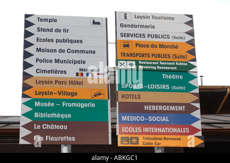 Sign post in French of local amenities in Leysin town in Valais region of Switzerland Europe Stock Photo