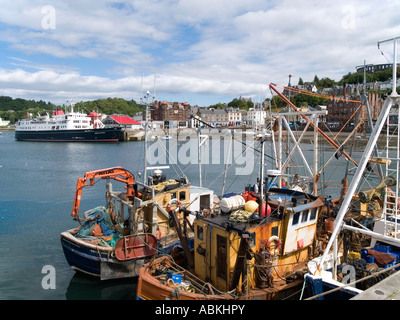 Fishing boats in the harbour at Oban Argyll Scotland with a moored Caledonian Macbrayne inter island ferry in background Stock Photo