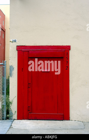 Red wooden door San Diego Firehouse Museum Stock Photo