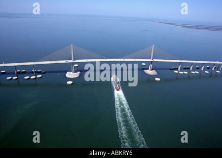 Scenic aerial photo of Sunshine Skyway Bridge, fishing pier, Tampa Bay ...