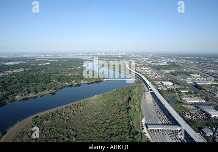 Aerial photo of Tampa skyline crosstown express highway McKay Bay view from Tampa Bypass Canal Florida Stock Photo