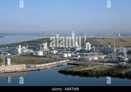 Aerial photo of heavy industrial factory plant on Alafia River Gibsonton Tampa Bay South Channel Florida Stock Photo