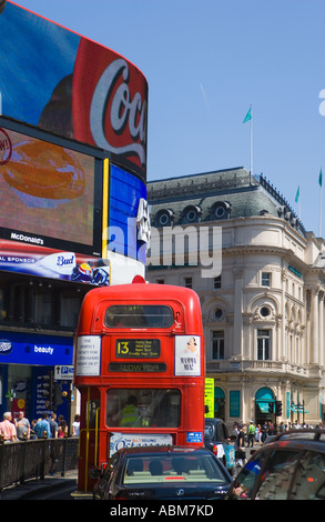 Approaching 'Piccadilly Circus' red ^double-decker ['Routemaster' bus] in ^traffic Stock Photo