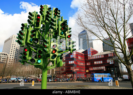 traffic light tree sculpture French sculptor Pierre Vivant london docklands canary wharf england Stock Photo