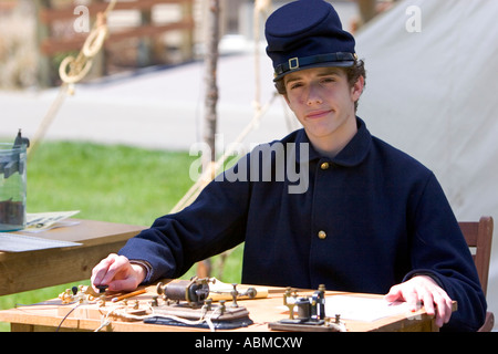 Reenactor using morse code at a civil war reenactment near Boise Idaho Stock Photo