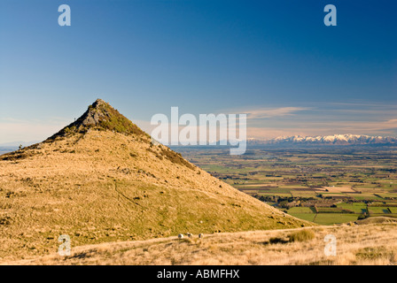 Gibraltar Rock in Christchurchs Port Hills Canterbury Plains and the Southern Alps in the background Stock Photo