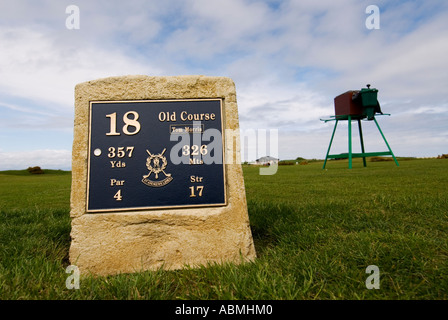 Detail of 18th Tee of Tom Morris Hole on famous Old Course at St Andrews Scotland Stock Photo
