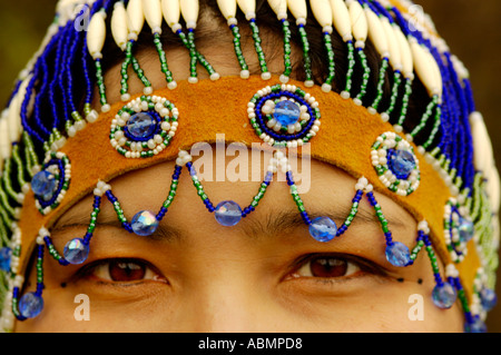 Alaska, Anchorage, Alaskan Native woman with beaded headdress Stock Photo