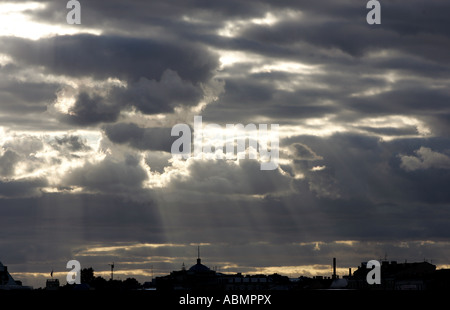 A general view of some dark stormy skies viewed over Oxford Street in the city of London in the UK. Stock Photo