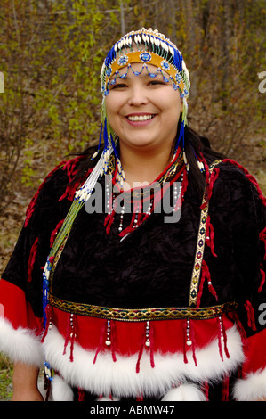 Alaska, Anchorage, Alutiiq woman with beaded headdress Stock Photo