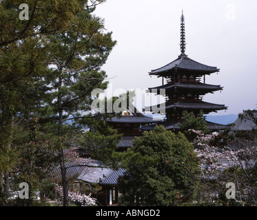 The five story pagoda possibly the worlds oldest wooden structure at Horyuji temple Stock Photo