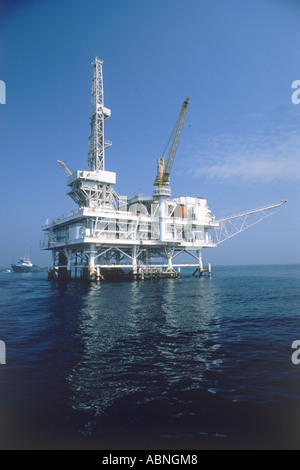 Supply boat at offshore oil rig off  Huntington Beach, California Stock Photo