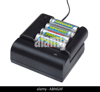 Battery charger with four AA rechargeable batteries on a white background Stock Photo