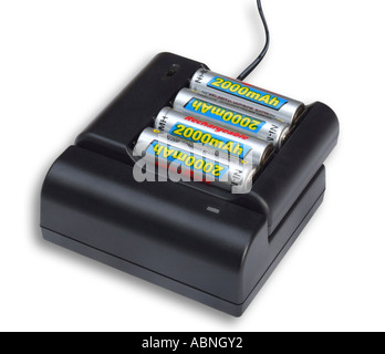 Battery charger with four AA rechargeable batteries on a white background with a shadow Stock Photo