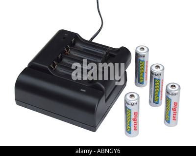 Battery charger with four AA rechargeable batteries on a white background Stock Photo