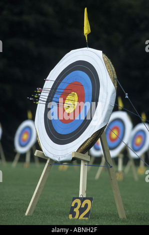 Archery target with arrows in Midland Counties Championships, Leamington Spa, England, UK Stock Photo