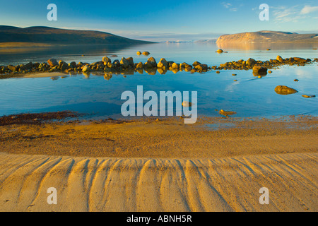 Low Tide at Sunrise, Clyde Inlet, Baffin Island, Nunavut, Canada Stock Photo