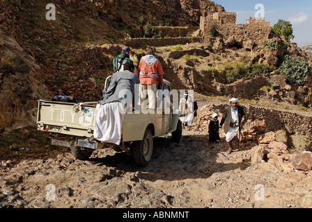 fourwheeldrive vehicle on a dirtroad in the jemenian mountains Yemen Stock Photo