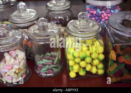 Boiled sweets in traditional glass jars Stock Photo
