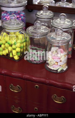 Boiled sweets in traditional glass jars Stock Photo