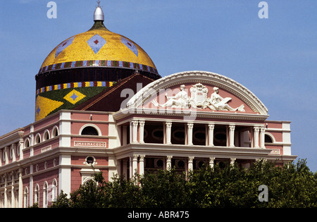 Manaus, Brazil. Manaus opera house with brightly-coloured tiled dome in Brazilian colours;  Amazonas State. Stock Photo