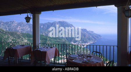 The view from Ravello terraced restaurant overlooking Italy Amalfi bay Mediterranean coast Stock Photo