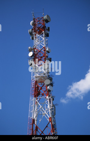 Brasov, Romania. Tall red and white telecom tower with satelite dishes. Stock Photo