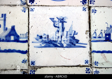 Eighteenth Nineteenth Century Delft Tile Hand Painted in Cobalt Blue Bugler Motif (hunting scene) Stock Photo