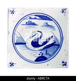 Eighteenth Nineteenth Century Delft Tile Hand Painted in Cobalt Blue Swan Motif Stock Photo