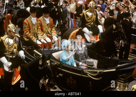 Queen Elizabeth and Earl Spencer in open top carriage after Royal Wedding of Prince Charles to Lady Diana Princess of Wales London UK July 1981 Stock Photo