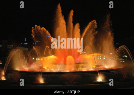 View of colourful Luminous Fountains Plaça de Espanya square Barcelona Barça Barca Cataluña Costa Brava España Spain Europe Stock Photo