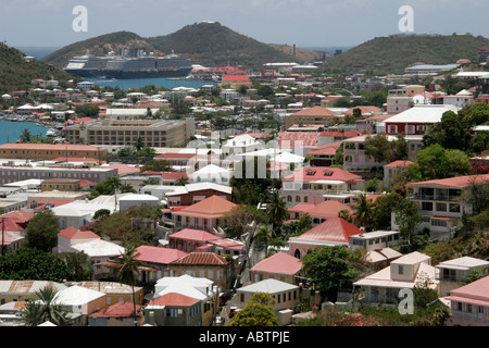 Virgin Islands,USVI,U.S.V.I.,Caribbean Sea,water,Atlantic Ocean,water,St. Thomas,Saint,Charlotte Amalie,view from Blackbeard's Hill,99 Steps,homes,red Stock Photo