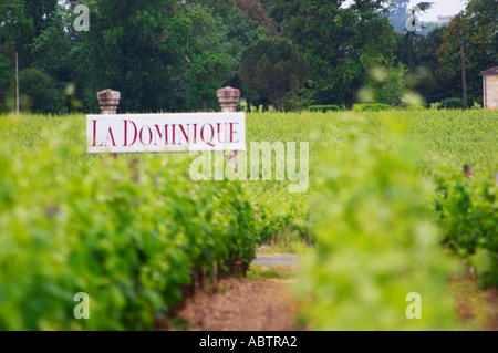 A sign in the vineyard saying Chateau La Dominique Saint Emilion Bordeaux Gironde Aquitaine France Stock Photo