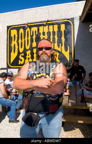 Biker Week Event at the Famous Spring Break for Bike week in Daytona Beach Florida with real character biker with beard and tato Stock Photo