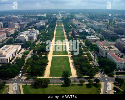 Aerial View of Washington DC USA Including The Mall and The Capitol Building as seen from The Washington Monument Copy Space Stock Photo