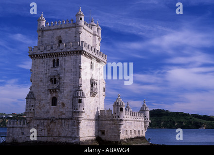 Belem Tower Torre de Belem Late afternoon view with river Tagus Tejo in background Belem Lisbon Portugal Stock Photo