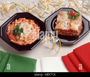 baked ziti lasagna Italian Italy food homemade tomato tomatoe sauce ricotta mozzarella cheese pasta noodles layers party Stock Photo
