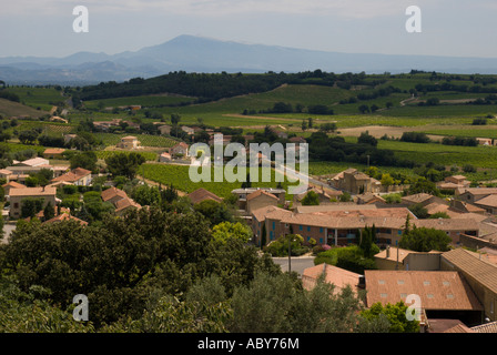 Chateauneuf du Pape near Avignon Provence France view over the rooftops of the village towards Mont Ventoux Stock Photo