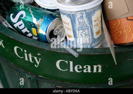 A New York city trash bin overflows Stock Photo