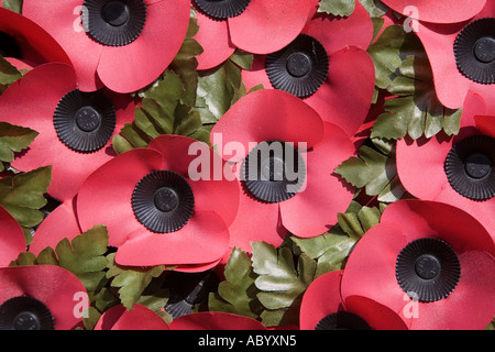 Poppies in wreath on war memorial Blaenavon Wales UK Stock Photo
