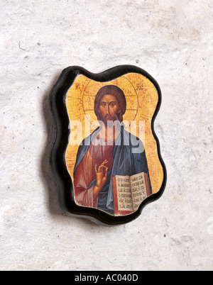 Jesus holding book I am the Resurrection illustration old church Crete Krete island Greece Stock Photo