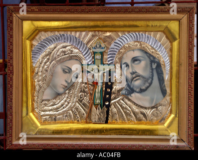 Madonna and Jesus Christ cross crucifixion old church Crete Krete Greece Stock Photo