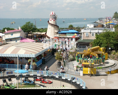 Southend on Sea a seaside resort beside River Thames estuary summer aerial view looking down on Adventure Island pleasure park and funfair Stock Photo