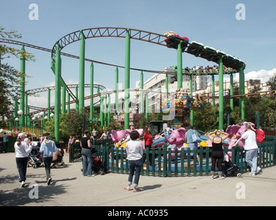 Southend on Sea seaside resort beside River Thames estuary Adventure Island Funfair and entertainment park kiddies ride Stock Photo