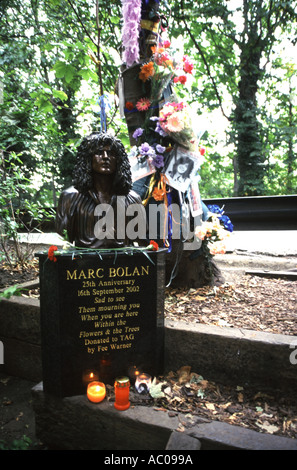 Memorial bust of Marc Bolan at the site where he died when his car crashed into the tree behind Queens Ride Barnes in London Stock Photo
