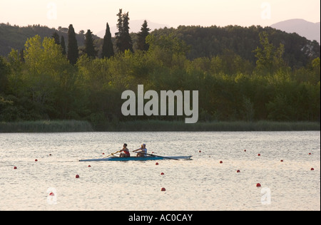 Rowers training on Banyoles Lake, Girona province, Catalonia, Spain Stock Photo