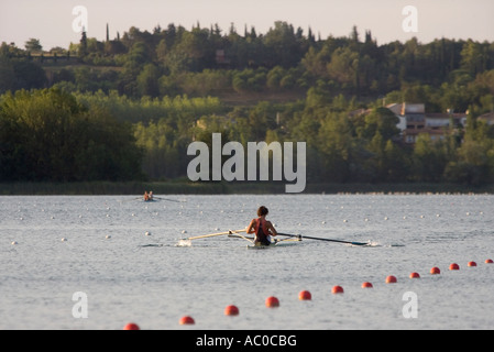 A rower training on Banyoles Lake, Girona province, Catalonia, Spain Stock Photo