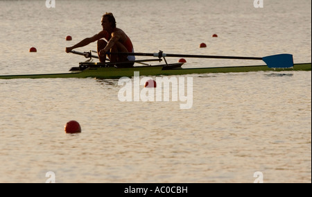 A rower training on Banyoles Lake, Girona province, Catalonia, Spain Stock Photo